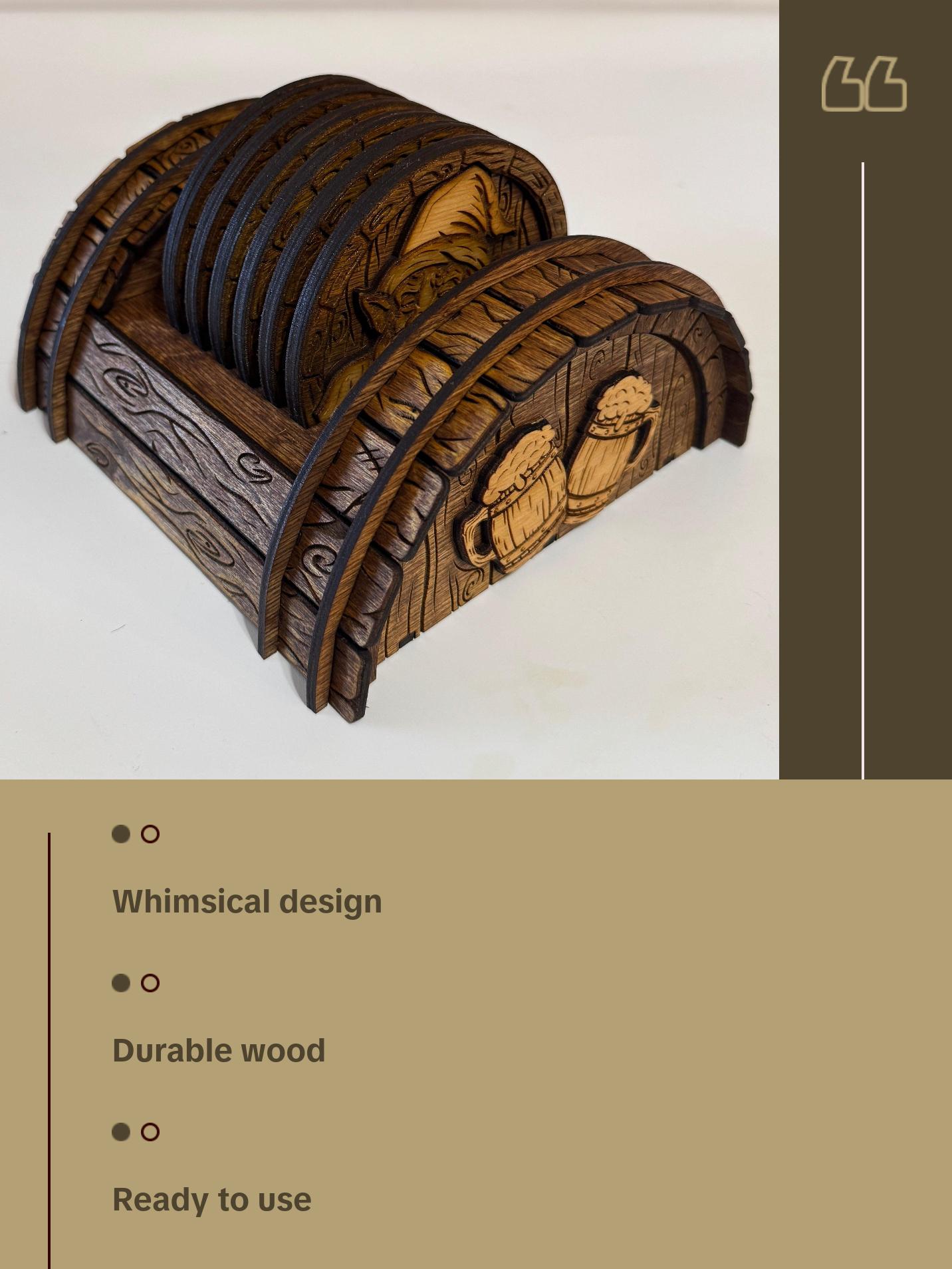 Rustic Dwarves Coasters with Barrel Coaster Stand