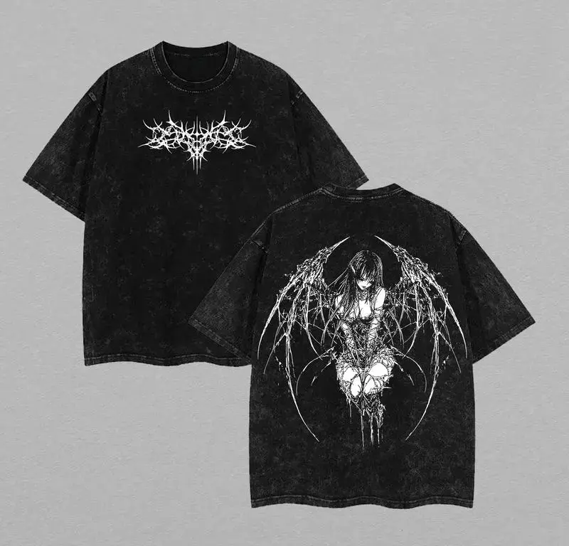 Gothic Y2K Anime Angel Oversized Graphic Tee Vintage Acid Wash T Shirt Cyber Sigilism Streetwear Gym Pump Cover Dark Aesthetic Fallen Angel Skeleton Wings Casual Top Mens Heavy Cotton Alt Alternative Fashion Grunge Tiktok Finds