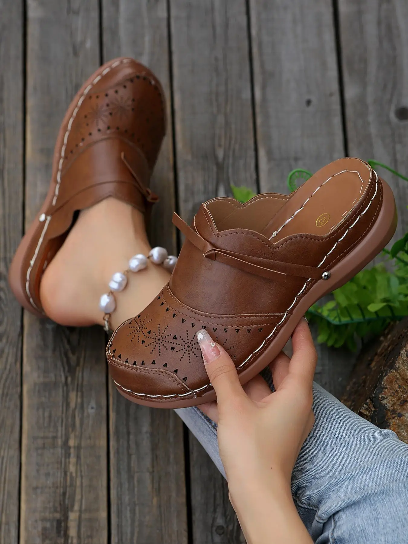 Women's Fashionable Solid Knot Front Hollow Out Design Slip on Flatform Shoes, Casual Comfortable Breathable Wedge Shoes, Female All-match Round Toe 2