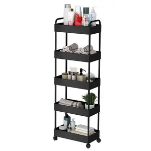 Kitchen storage trolley, 5 tiers, narrow kitchen trolley, rolling trolley, niche shelf on wheels, serving trolley, plastic for bathroom, kitchen, office