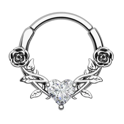 OUFER 16G Rose Love Heart CZ Gem Clicker Septum Ring Hoop