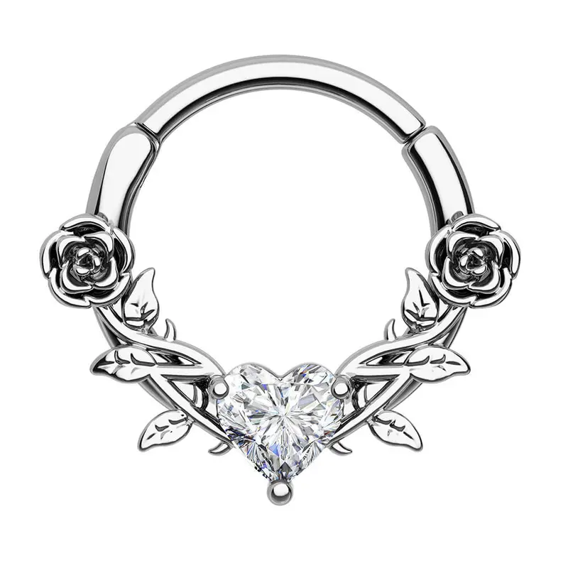 OUFER 16G Rose Love Heart CZ Gem Clicker Septum Ring Hoop