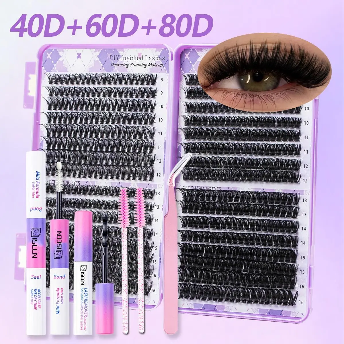 640 Individual Lash Clusters DIY Lash Extensions Kit, Eyelash Glue Extension, Mixed Types 20D-40D 30D-50D 40D-80D, Includes Bond &Seal &Remove &Eyelash Tweezers &Brush, DIY Cluster Lashes, Eyelash Set