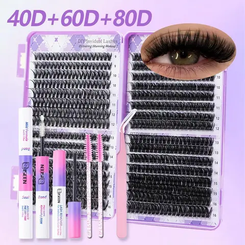 640 Individual Lash Clusters DIY Lash Extensions Kit, Eyelash Glue Extension, Mixed Types 20D-40D 30D-50D 40D-80D, Includes Bond &Seal &Remove &Eyelash Tweezers &Brush, DIY Cluster Lashes, Eyelash Set, Eyelash Cluster Kits