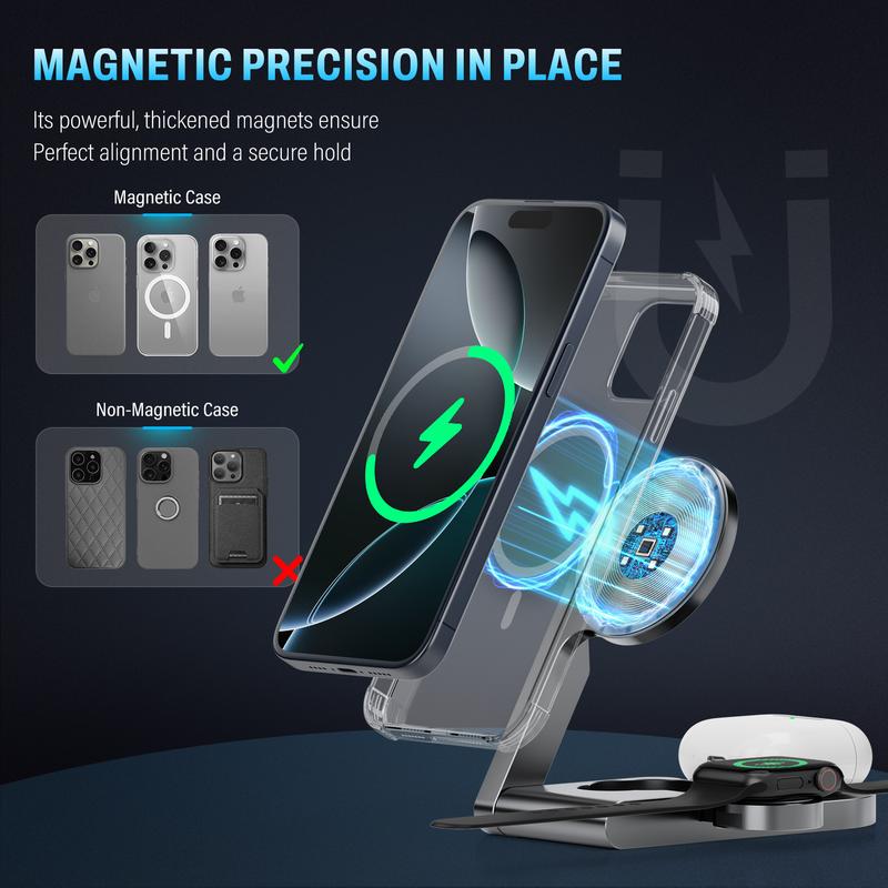 UltraQ 3 in 1 Wireless Charging Station, Ultrathin Foldable Aluminum Alloy Wireless Charger for iPhone 16/15/14/13/12 Series, AirPods Magsafe Charger for iWatch Series