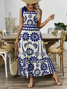 Women's Floral Print Tie Shoulder Dress, Casual Bohemian Sleeveless, Boho Sleeveless Dress for Beach Holiday Vacation, Ladies Summer Clothes