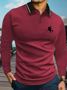 Spring and autumn men's long-sleeved POLO shirt lapel long-sleeved T-shirt retro daily versatile classic horse knight silhouette print sports casual daily outing outdoor light business top