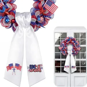 Blank Satin Wreath Sash for Front Door Embroidery Monogram Ribbon Bow for Yard Doorway Indoor Outdoor Wall Home Decor White 4th of July