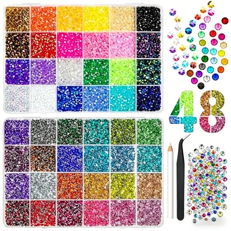 48Color Jelly Rhinestones for Bedazzling and Diamond Art, 3mm Flatback Gems with Tweezers and Gift Tools, Perfect for Nail Art, Crafts, Clothing, Fabric Decor, Bedazzling Kit DIY Craft Supplies phone case birthday festival party