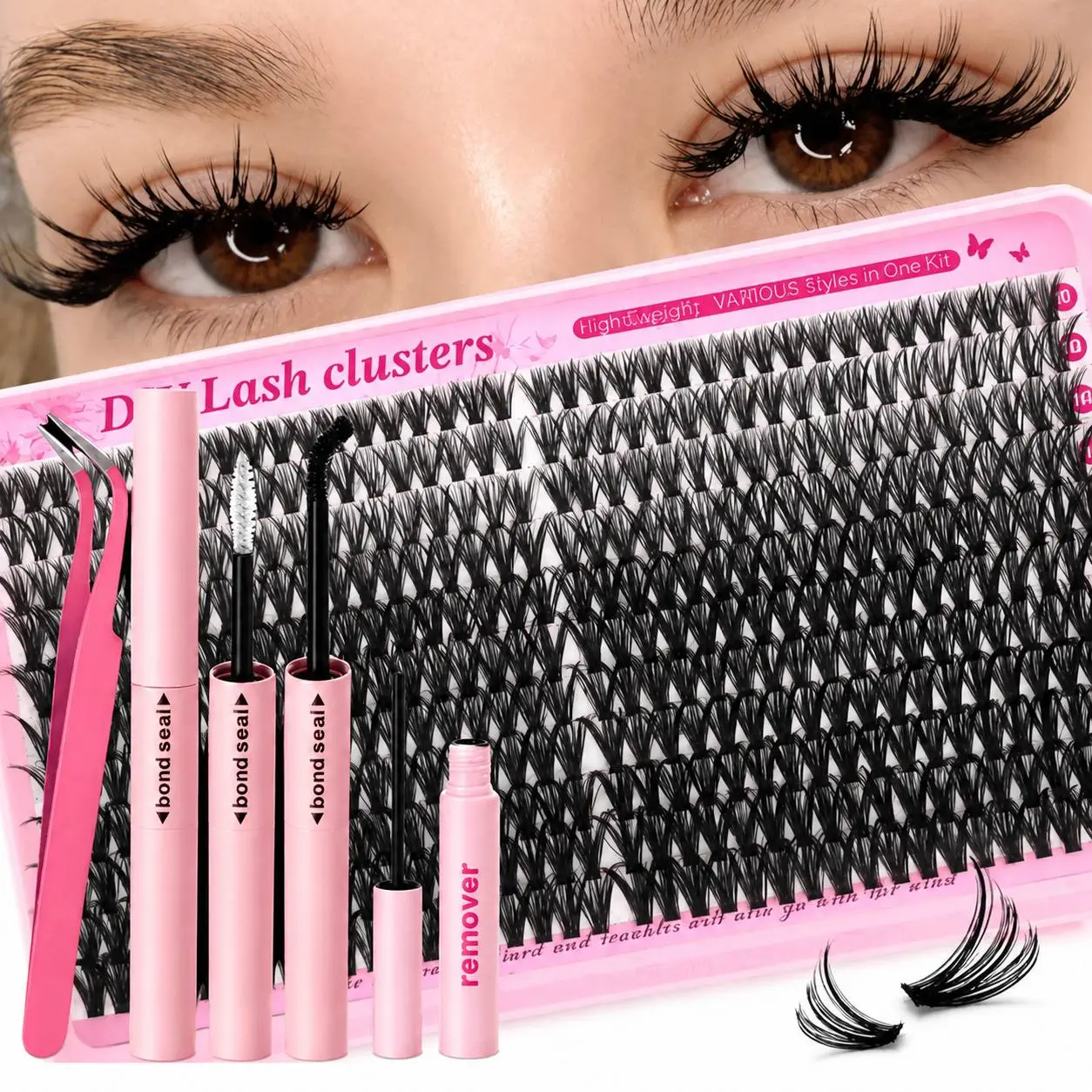 Lash Clusters with Bond,Seal,lash remover, Wispy, DIY Extension Kit, Individual Clusters, Cluster Eyelashes, At-Home Extensions, Doll Eye, Spiky, Wet Look, False Eyelashes, Eyelash Extension Kit, Bond & Seal, Applicator Tweezers Makeup