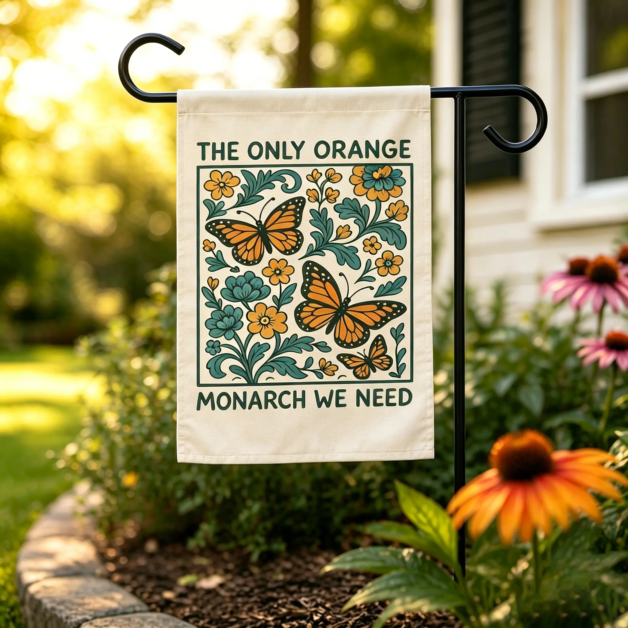 Double-Sided Orange Monarch Butterfly Floral Garden Flag, 12x18 In Durable Weatherproof 100% Polyester Outdoor Decor with Easy Installation, 4th of July Feminist Statement Lawn Sign, Memorial Day