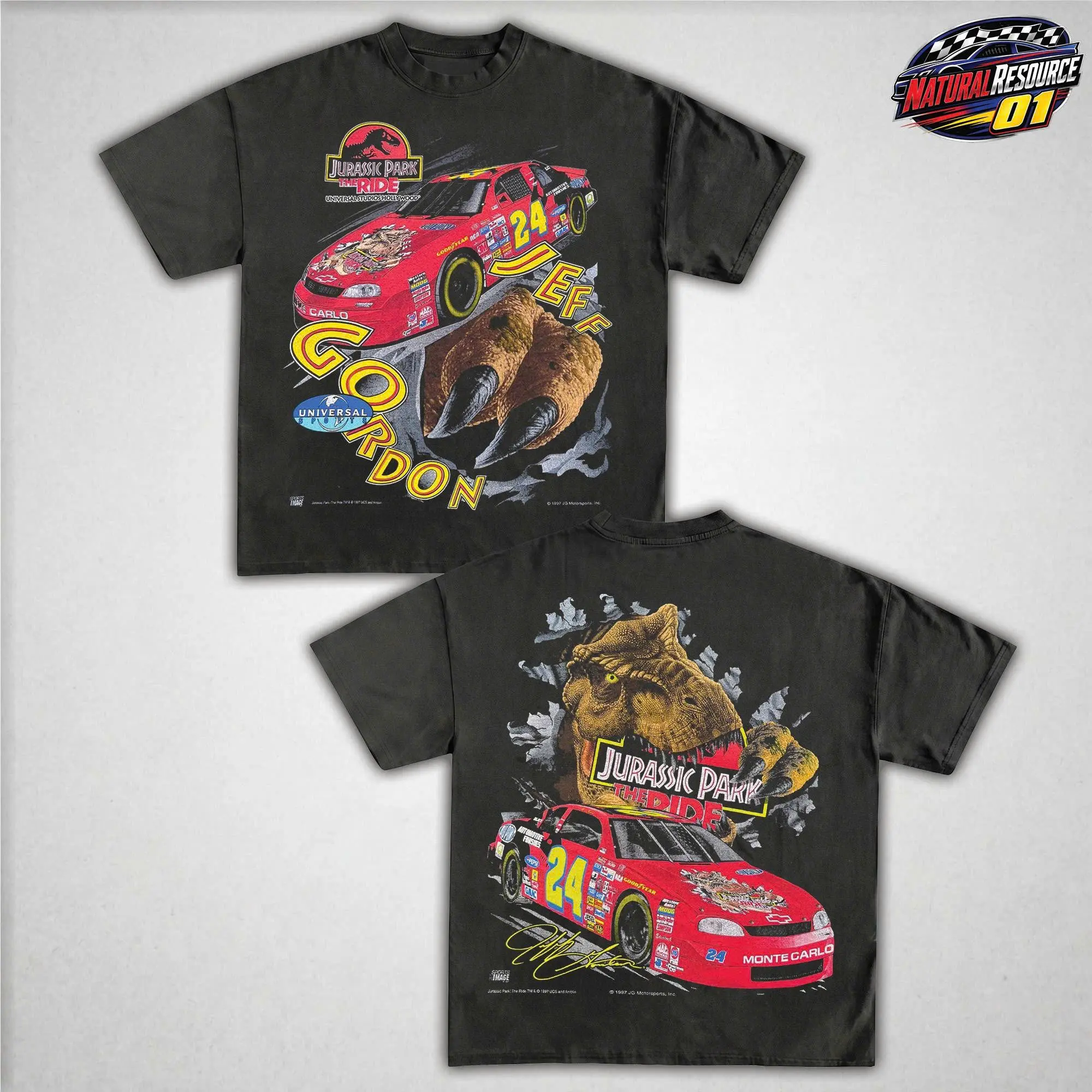 Jeff Gordon 24 Jurassic Park The Ride Graphic Tee, Vintage NASCAR Racing Shirt, Retro Dinosaur Motorsport Apparel, Unisex Casual Short Sleeve Shirt, Classic Chevy Fan Gear Gift Top Menswear Car Enthusiast Gift For Men