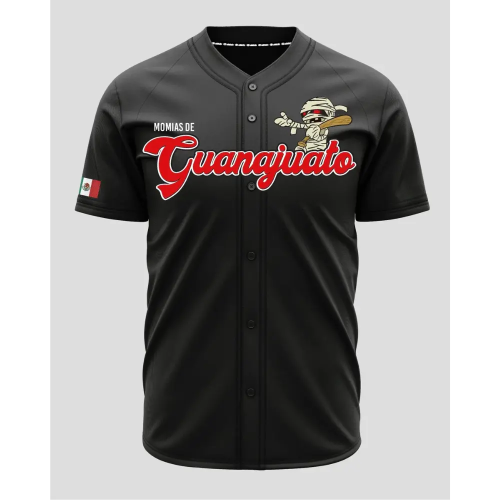 Unisex Momias de Guanajuato Black Red Baseball Jersey – Mexico Heritage Button-Up Jersey, Retro Mummy Graphic Sports Shirt, Unisex Fan Apparel