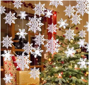 Winter Christmas Hanging Snowflake Decorations, 12PCS Snowflakes Garland & 12PCS 3D Glittery Large White Snowflake for Christmas Winter Wonderland Holiday New Year Party Home Decorations