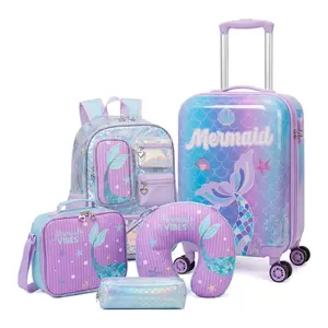 Kids Mermaid 5-Piece Luggage and Backpack Set | 18" Girls Hardside Spinner Suitcase with School Bookbag | Insulated Lunch Box, Travel Neck Pillow & Pencil Case