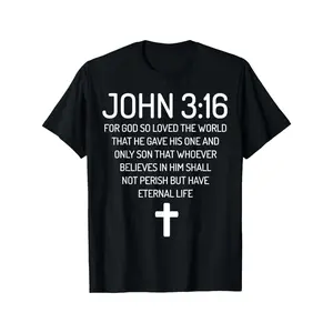 Cotton Short Sleeve  T-Shirt John 3:16 Bible Verse Cotton T-Shirt, Faith-Inspired Crew Neck Tee, Black with White Printed Design, Religious Spiritual Apparel for Adults, All-Season Casual Wear Streetwear Man Graphic tees Clothes Top