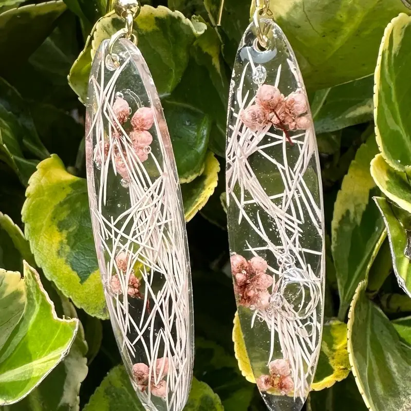 Oval Soft Pink Resin Earrings with Floral Design - Elegant and Unique Jewelry Piece