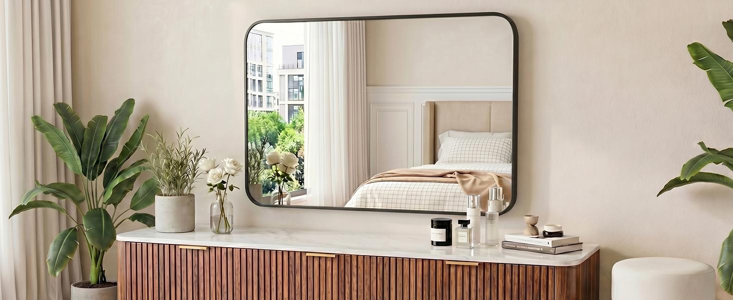 Bathroom Mirror for Over Sink,  Wall Mount Mirror with Rounded Rectangle and Matte Metal Framed, Modern Wall Vanity Mirror for Home Decor, Living Room, Bedroom, Black