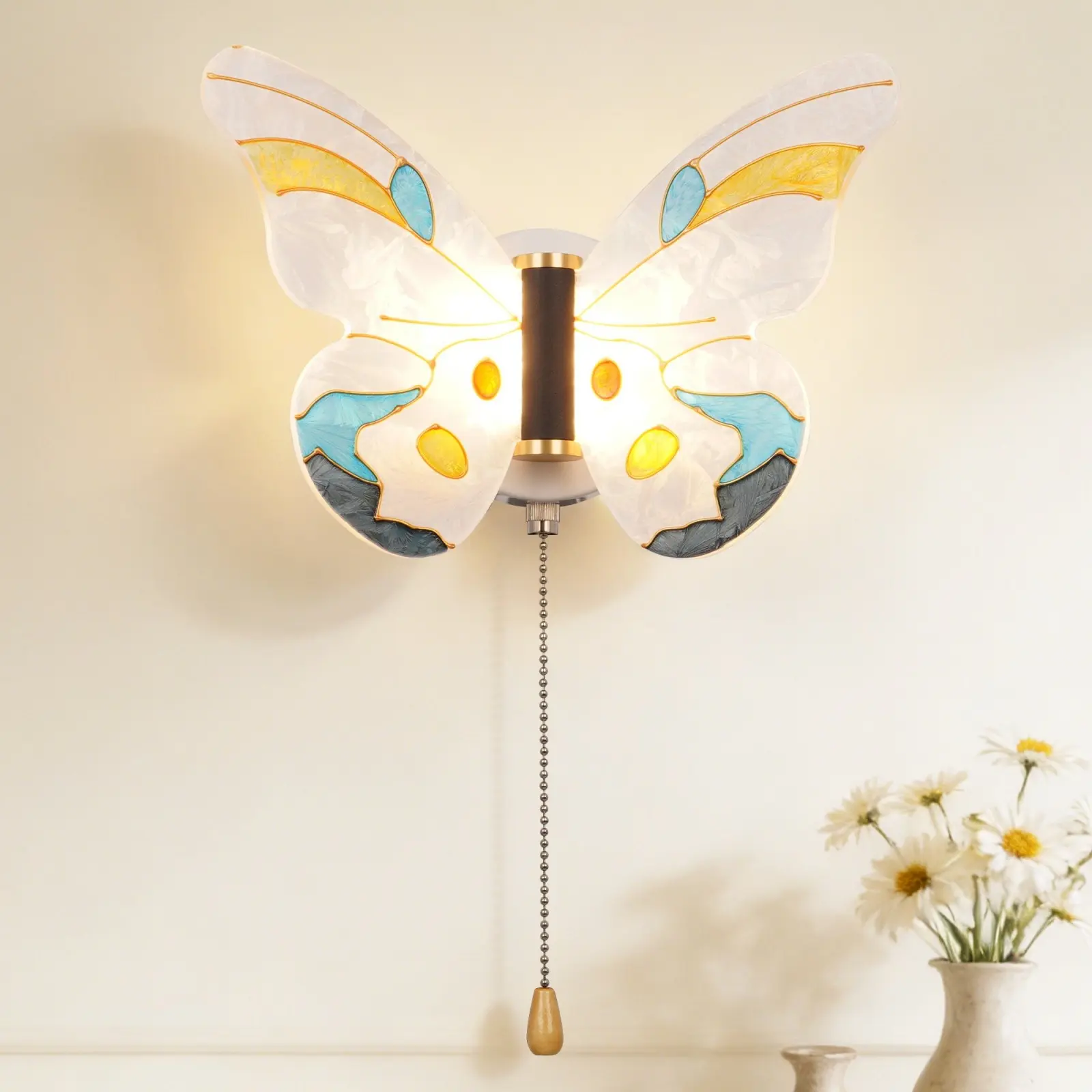 9.5 Inch White Butterfly LED Wall Sconce, 3 Color Dimmable Light with Pull Chain, Acrylic & Wrought Iron Wall Lamp for Bedroom Vanity Hallway Kids Room