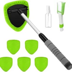 9PCS Car Window Cleaner Kit with Extendable Handle 6 Reusable Microfiber Pads Air Vent Brush & Empty Spray Bottle for Windshield Cleaning Triangular Telescopic EVA Pole 180° Rotating Head