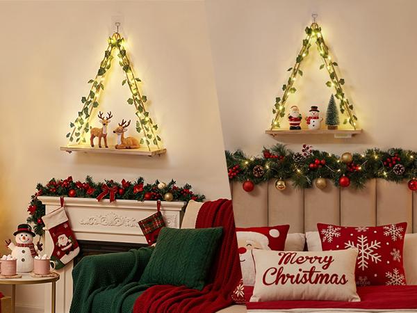 RICHER HOUSE Artificial Ivy LED-Strip Wall Hanging Shelves, Macrame Shelf for Bedroom Bathroom Living Room Kitchen, Wood Hanging Plant Shelves for Wall Décor