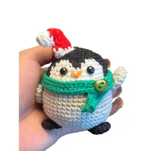 Cute Penguin Wearing Christmas Hat and Scarf Crochet Keychain K009