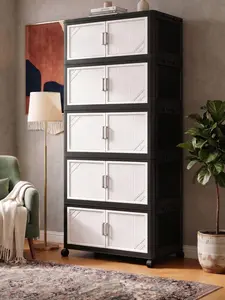 Collapsible drawer-style storage boxes, stackable plastic containers with lids. Practical household organizers available in black and white, suitable for tidying items at home, office, dormitory and kitchen.