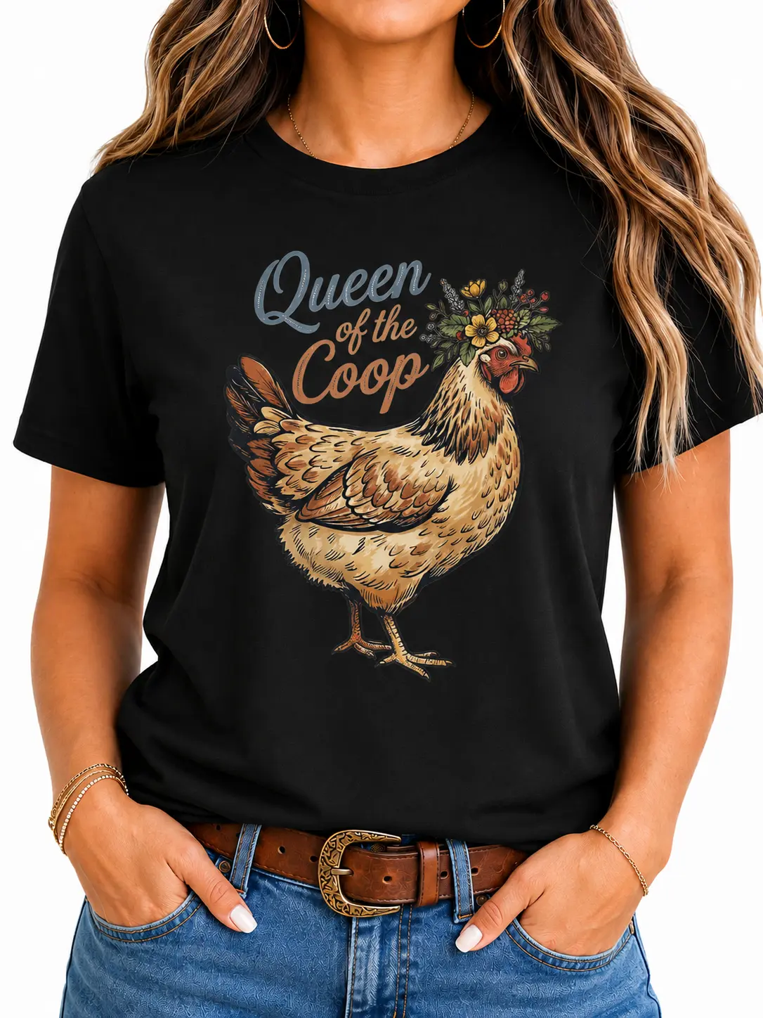 Women's Farmhouse Chicken Queen Graphic Short-Sleeve T-Shirt, Funny Hen Letter Print Black Fitted Casual Wear, Unisex Chicken Lover Gift Clothes