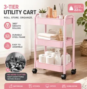 3-Tier Rolling Utility Cart with Handle, Pink Metal Mesh Organizer Cart, Mobile Storage Shelving Unit for Kitchen, Bathroom, Makeup & Craft, Multi-functional Space Saving Trolley with Lockable Wheels, Easy Assembly Office Organizer