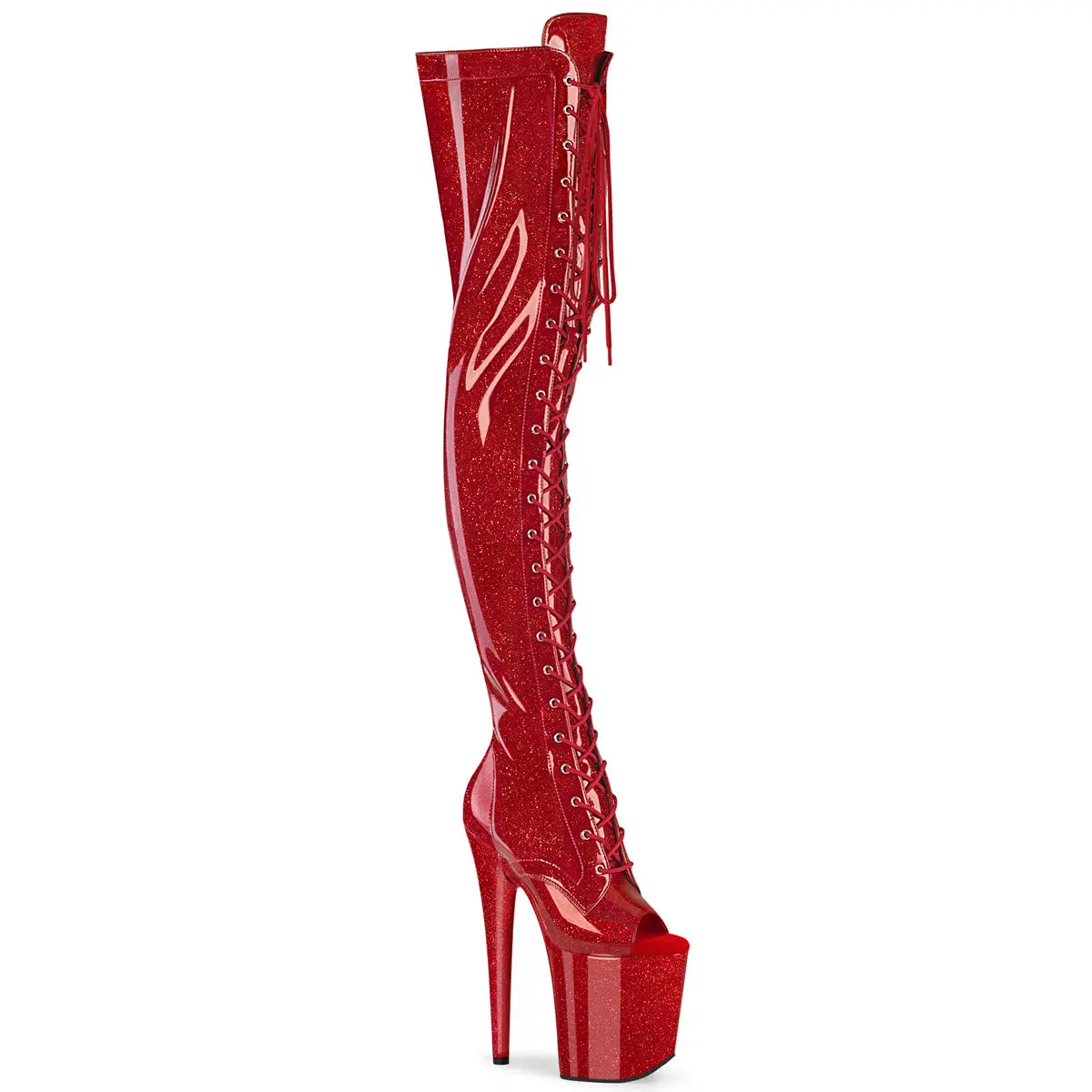 Pleaser Women's 3021GP Peep Toe Thigh High Boots with 8" Heel, 4" Platform, Lace-Up Front and Inner Zip Closure, Footwear