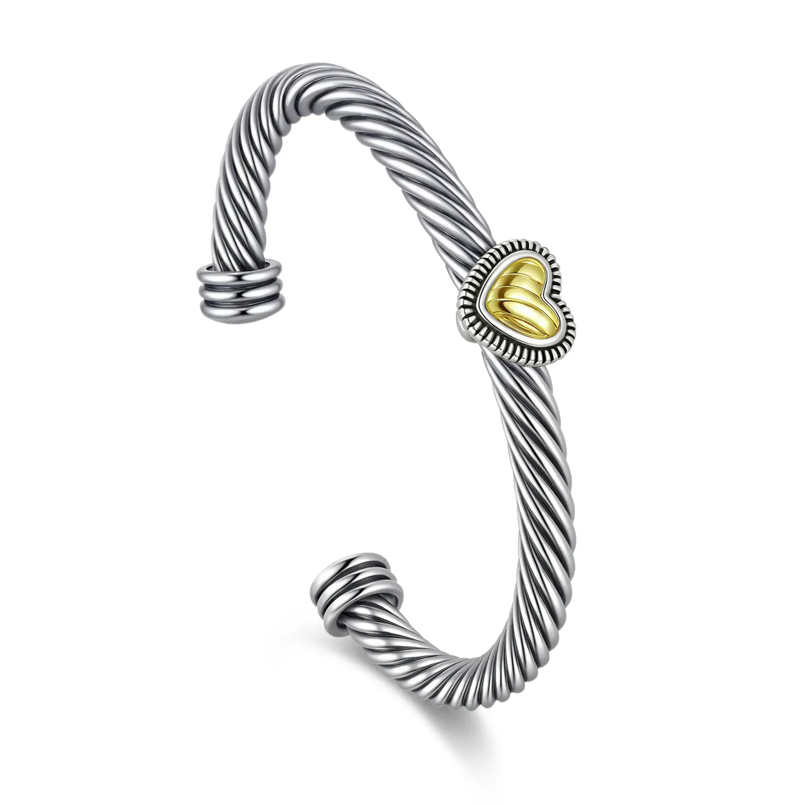 Aprilery Gold-Heart Framed Bangle – Romantic Mixed Metal Open Cuff Bracelet for Women Jewelry Design