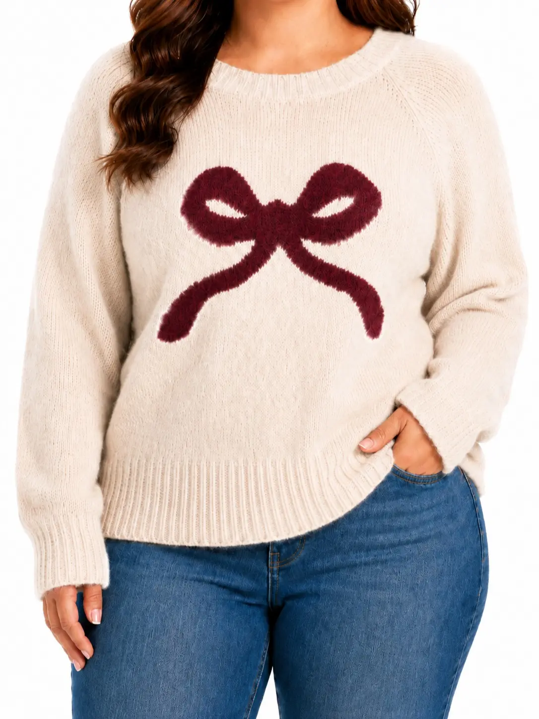 Plus Size Women's Crewneck Knit Sweater, Long Sleeve Oversized Pullover with Fuzzy Red Bow, Cozy for Daily & Festival Wear
