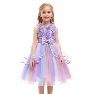 Unicorn Tutu Costume Little Girl Princess Dress Rainbow Tulle Birthday Party Dance Fancy Handmade Gown with Floral Embellishments
