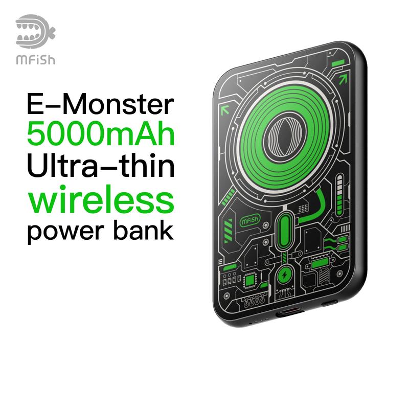 mfish E-Monster 5000mAh Ultra-thin Wireless Power Bank,Portable Fast QI2 Charging,MagSafe Compatible for iPhone 15/16/14/13 Compact Cable Chargeable
