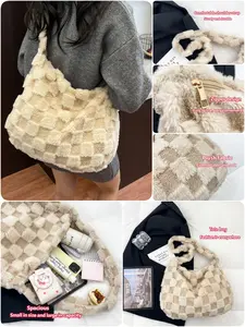 Autumn Winter Plush Tote Bag, Chessboard Pattern Crossbody Bag, Checkered Pattern Bag, Soft Fabric, Perfect for Autumn & Winter Seasons
