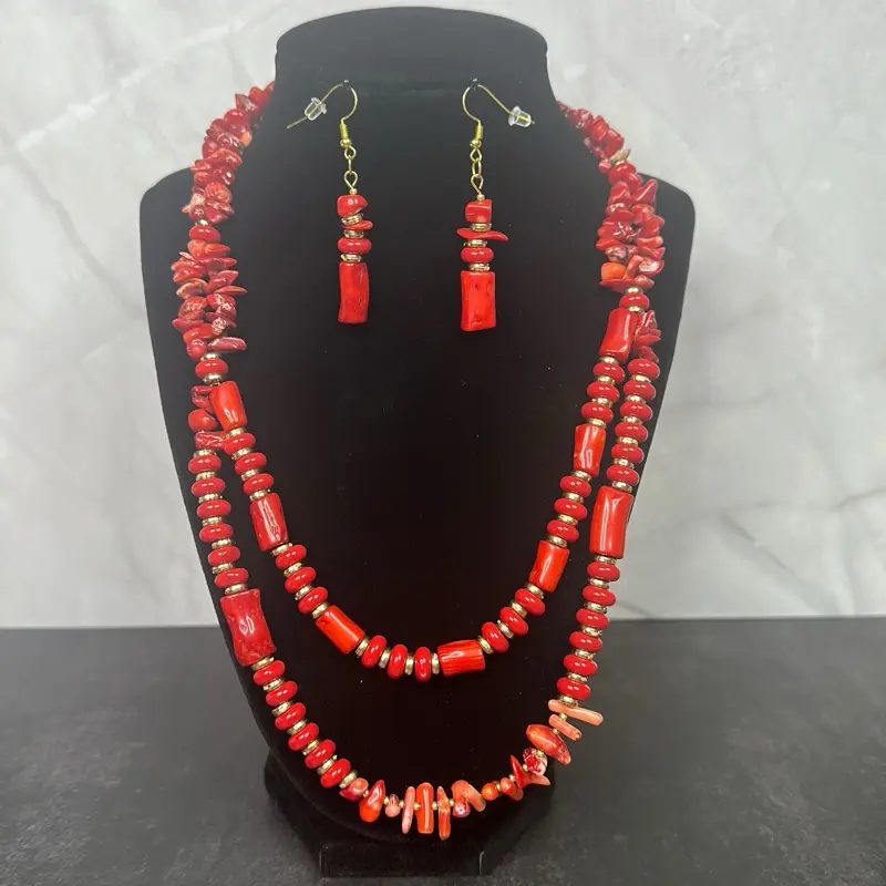 Handmade Natural Red Coral Necklace and Earrings Jewelry Set