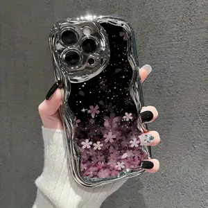 Cute and elegant phone cases with a starry night and falling flowers design, made with cream electroplating for the iPhone 17 16 15 14 13 12 11 PRO MAX PLUS AIR and AIR XS MAX Series, offering protection.