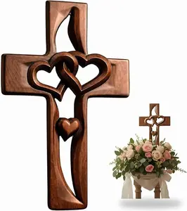 Carved Wooden Intertwined Hearts Cross - Religious Wall Decor For Church Prayer & Spiritual Blessings