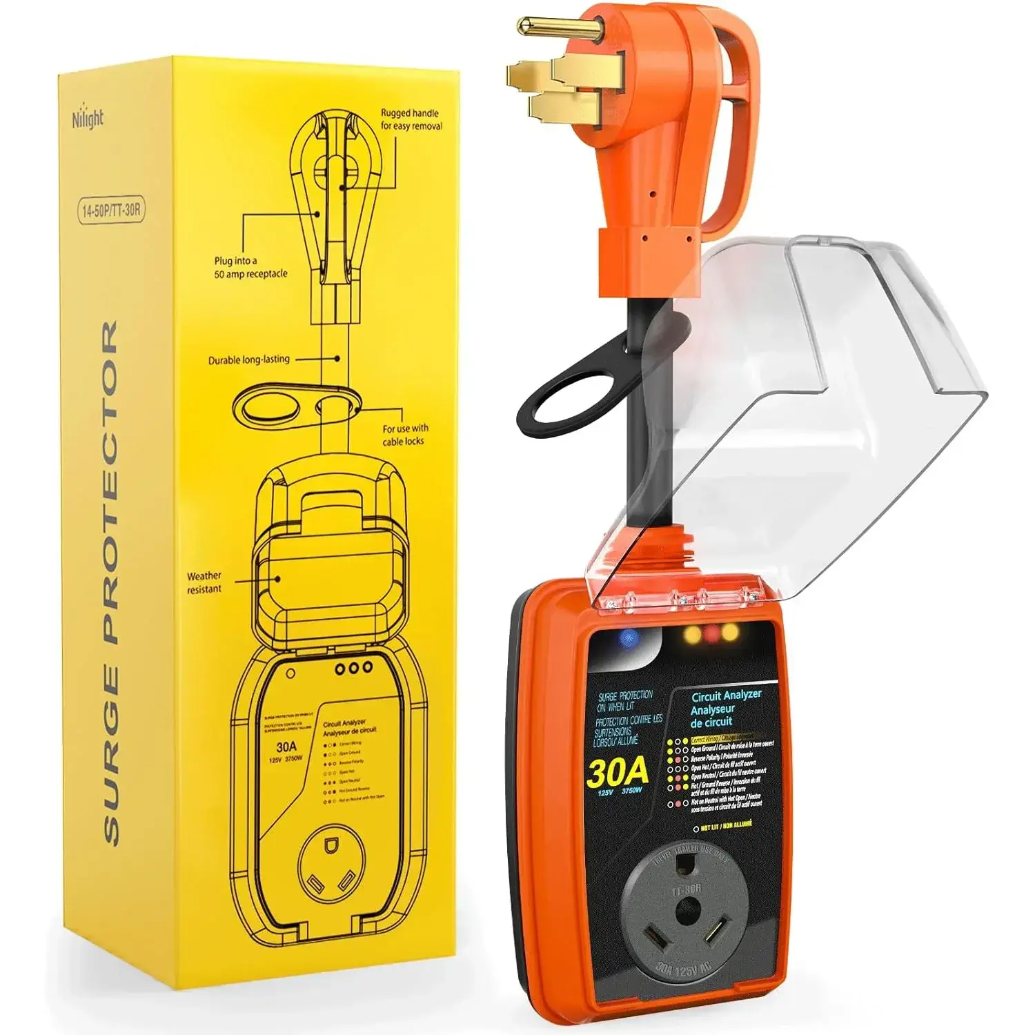50 to 30 Amp RV Surge Protector Power Adapter 4200 Joules Voltage Monitor 14-50P to TT-30R Converter 125V/3750W Waterproof Circuit Analyzer with Extension Cord for Camper Travel Trailer