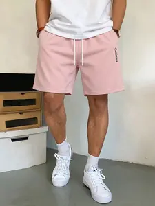 Trendy Men's California Print Drawstring Sweat Shorts, Pink Loose Fit Elastic Waist Streetwear Athletic Bottoms, Soft Breathable Summer Casual Shorts for Daily & Street Style #MensStreetwearShorts #PinkCasualShorts #CaliforniaStyle