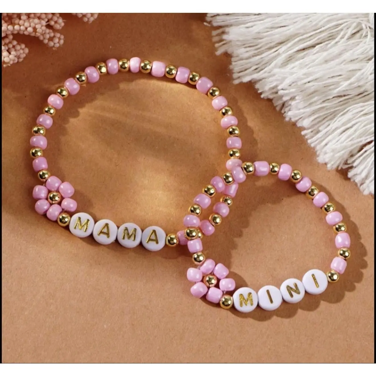 Mama & Mini Matching Bracelet Set Pink & Gold Beaded Stretchy Elastic Design for Moms Daughters Perfect Gift for Mother's Day Baby Showers