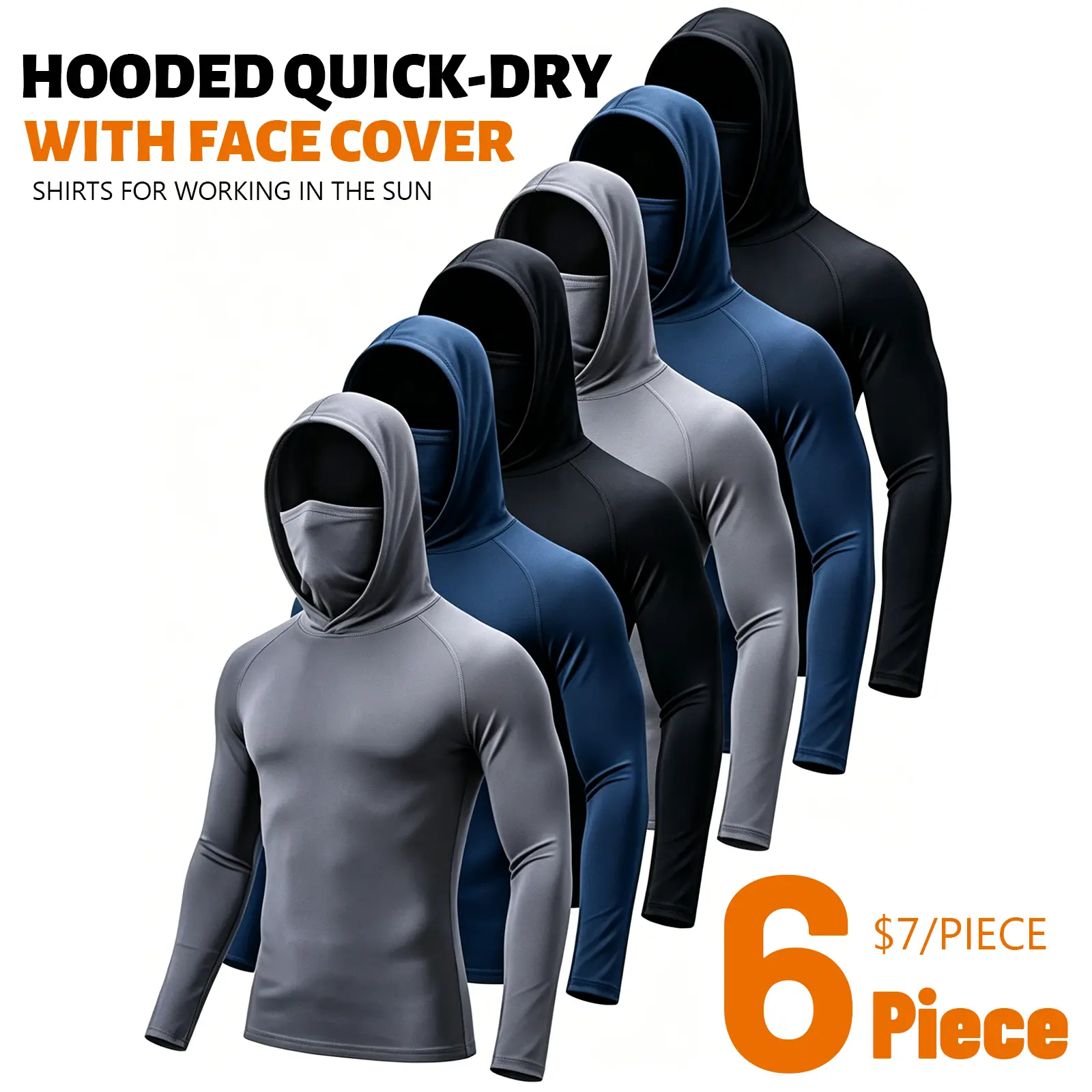 6 Pack Men’s Thin Sun Protection Long Sleeve Hooded Sport Shirts With Built-in Face Mask UV Block Tops For Fishing Construction Outdoor Yard Work