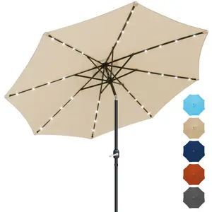 10ft Solar Powered Patio Umbrella with 32 LED Lights, Aluminum Polyester Solar Umbrella w/Tilt Adjustment and UV-Resistant Fabric