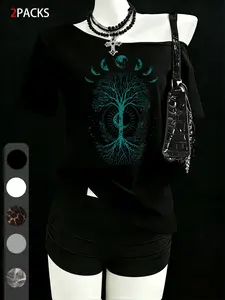 Women's Spring/summer Y2K Grunge 2-Piece Set, Gothic Tree of Life & Moon Phase Print, Off-Shoulder Tee, High-Waisted Shorts, Casual