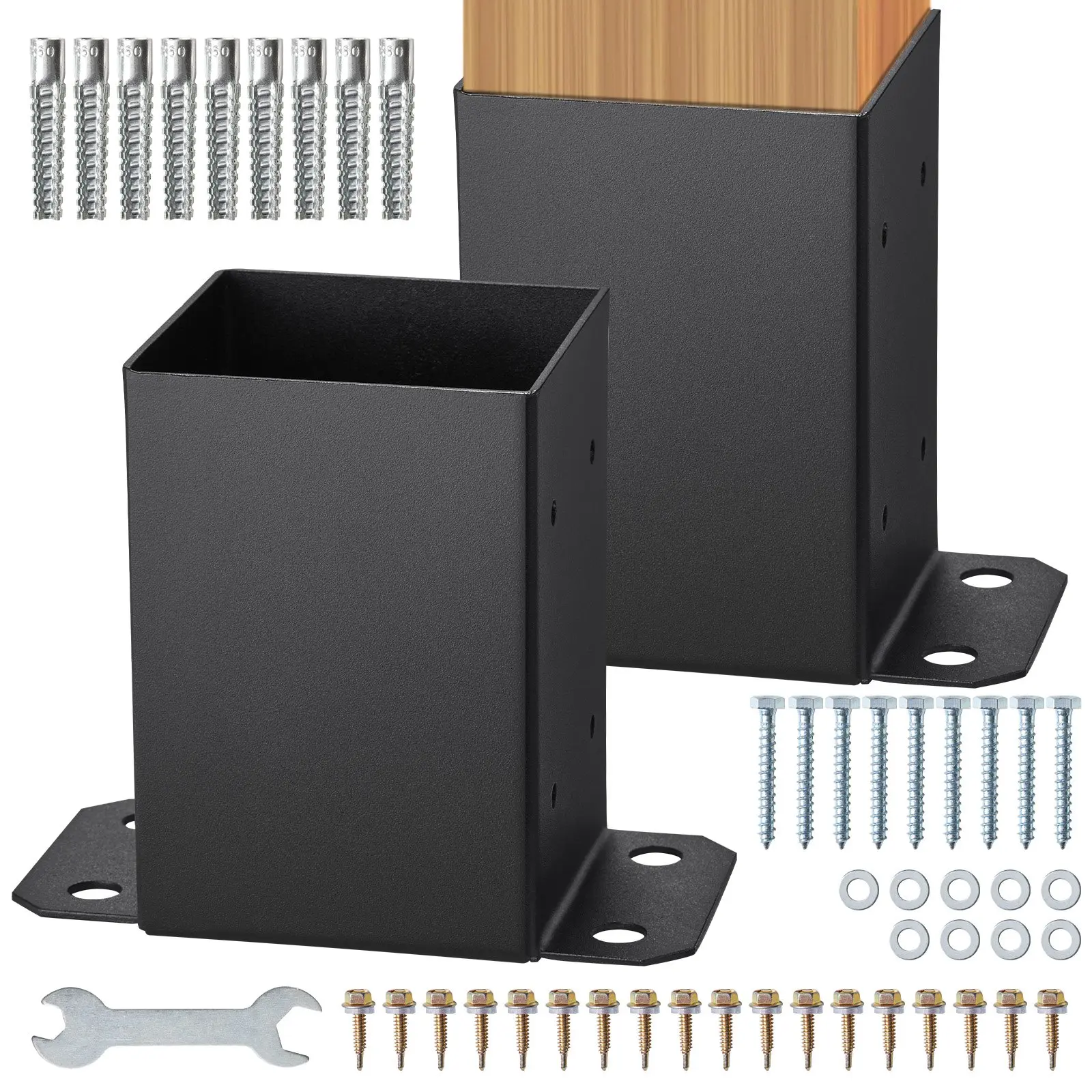 VEVOR 2-Piece Carbon Steel 4x4 Post Base, 2mm Thick, Inner 3.6x3.6in, 3.8x5.5x6.4in Powder-Coated Matte Black Corrosion-Resistant Brackets, Fits 3.5x3.5in Columns Neatly, For Concrete/Wood Pergola Posts, Pavilion Deck Railing Support w/Open-End Wrench