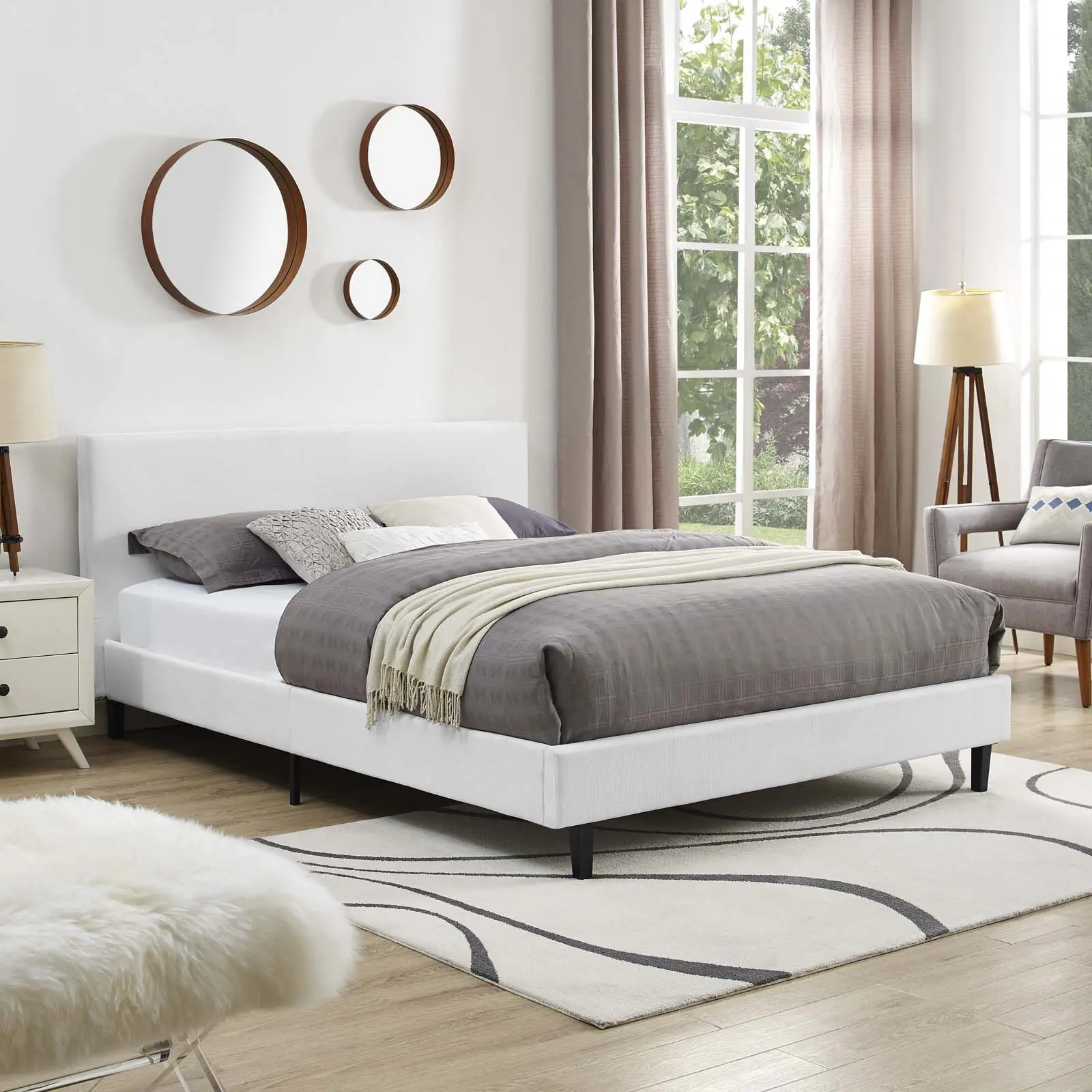 Modway Anya Full-Size Upholstered Platform Bed, Contemporary Upholstered Bed Frame, White Fabric Indoor Furniture