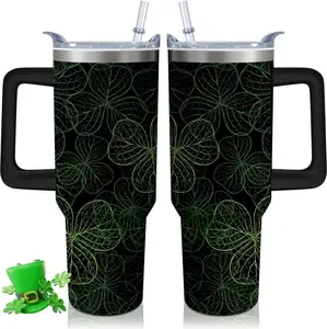 40oz St Patricks Day Tumbler with Handle and Straw, Green Irish Shamrocks Stainless Steel Vacuum Insulated Cup, Travel Mug Water Bottle, Gifts for Women Men