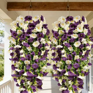 2 Pack Realistic UV Resistant Artificial Hanging Flowers, Silk Morning Glory with Eucalyptus Vine, Faux Floral Garland for Outdoor Wall, Porch, Patio, Balcony & Home Decor, Purple & Magenta