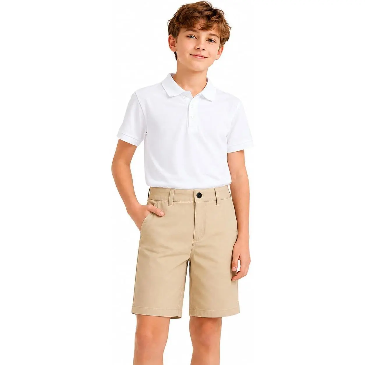 Boys School Uniform Shorts Elastic Waist Flat Front Chino Pockets | 61% Cotton, 33% Polyester, 6% Nylon Chino, Elastic Waist, Flat Front, Functional Pockets for Toddler, Little & Big Boys