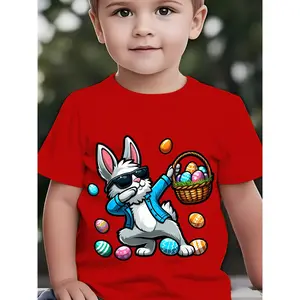 Easter Boys' Stylish Short-Sleeve T-Shirt - Cartoon Easter Bunny Holding Colorful Eggs Basket, Summer Outdoor Casual Top NY-DX8534
